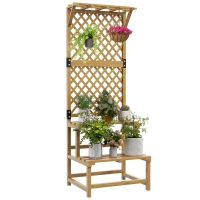 Outsunny Soporte para Plantas de Madera Estantería para Plantas de 2 Niveles con Enrejado para Jardín Patio Terraza Natural