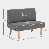 HOMCOM Sofá de 2 Plazas Tapizado en Pana con 2 Puertos USB 1 Puerto Tipo-C y Patas de Madera Carga 220 kg 110x60x85 cm Gris(m-3)