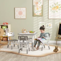 AIYAPLAY Set Tavolo e Sedie per Bambini 5pz con 4 Sedie Regolabili 32x36x52.5-56 cm e Tavolo 60x60x46-58 cm, Grigio(m-2)