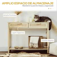 HOMCOM Mesa Consola Mesa de Entrada con 2 Cajones de la Superficie de Ratán y Estante Inferior para Pasillo Salón Dormitorio de Estilo Rústico 100x30x76 cm Natural(m-4)