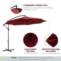 Outsunny Parasol déporté octogonal inclinable manivelle avec pied en acier Ø 3 x 2,5H m rouge vineux(m-5)