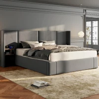 Super King Size Upholstered Bed Frame with Lift-Up Storage, Wide-Ear Design Ottoman Bed with Socket, 2 Bedside Tables, 180x200 cm, Grey(m-1)