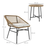 Outsunny 3 Pieces Rattan Bistro Set, Wicker Small Garden Table and Chairs Set with Cushions and Glass Top Coffee Table, Bistro Garden Furniture Set for Outdoor, Patio, Balcony, Natural(m-3)