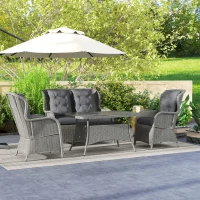 Outsunny Garden PE Rattan Dining Sofa Set, Outdoor 4 Seater Wicker Furniture, High Back Chairs with Cushions, Tempered Glass Coffee Table for Patio, Light Grey(m-9)