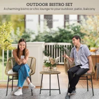 Outsunny 3 Pieces Rattan Bistro Set, Wicker Small Garden Table and Chairs Set with Cushions and Glass Top Coffee Table, Bistro Garden Furniture Set for Outdoor, Patio, Balcony, Natural(m-4)