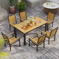 Outsunny 6 Seater Garden Dining Set with Stackable Chairs, Aluminium Frame, Rectangular Plastic Top, Garden Furniture Set, Outdoor Dining Table and Chairs for Patio, Balcony, Poolside, Nature Wood(m-7)