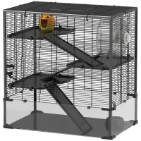 PawHut Cage pour hamster avec fond en verre, cage pour hamsters nains à quatre niveaux avec cabane et accessoires, 78,5L x 48,5l x 80H cm, Noir(m-1)