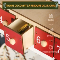 HOMCOM Calendrier de l'Avent LED, décorations de Noël en bois, 24 tiroirs à remplir, décoration lumineuse, rouge(m-5)