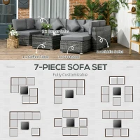 Outsunny 8 Pieces PE Rattan Corner Sofa Set, Outdoor Garden Furniture Set, Patio Wicker Sofa Seater w/ Cushion, Washable Cushion Cover & Tempered Glass Table, Grey(m-6)