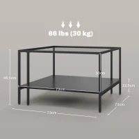 HOMCOM Quadratischer Couchtisch mit 2 Ebenen aus gehärtetem Glas, 1 Regal, minimalistisches Design, 73B x 73T x 46,5H cm, Schwarz(m-3)