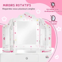 HOMCOM Coiffeuse Enfant avec Tabouret, Miroir triptyque et tiroir Coulissant - Coiffeuse dim. 63L x 40l x 85,5H cm(m-6)