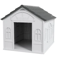 PawHut Casa para Cães 84,2x98,2x82 cm Casa para Cães com Janelas e Teto com Imitação de Telhas Casota para Cães Cinza(m-10)