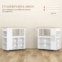 HOMCOM Desserte îlot de cuisine desserte à roulettes plateau en bois d'hévéa  4 étagères réglables porte-couteaux blanc(m-5)