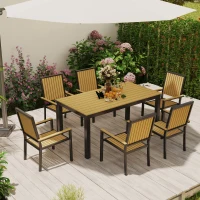 Outsunny 6 Seater Garden Dining Set with Stackable Chairs, Aluminium Frame, Rectangular Plastic Top, Garden Furniture Set, Outdoor Dining Table and Chairs for Patio, Balcony, Poolside, Nature Wood(m-9)