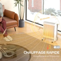 HOMCOM Radiateur bain d'huile 2500W, chauffage électrique silencieux, 3 niveaux de chaleur réglable, roulette, blanc(m-5)