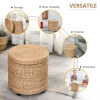 HOMCOM Pouf Contenitore Rotondo Stile Boho con Rivestimento Naturale, Tavolino da Salotto Ø43x43cm, Kaki(m-5)