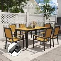 Outsunny 6 Seater Garden Dining Set with Stackable Chairs, Aluminium Frame, Rectangular Plastic Top, Garden Furniture Set, Outdoor Dining Table and Chairs for Patio, Balcony, Poolside, Nature Wood(m-4)