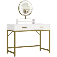 HOMCOM Coiffeuse avec Miroir pivotant à 360°, Éclairage LED, 2 tiroirs, Blanc/Or(m-1)