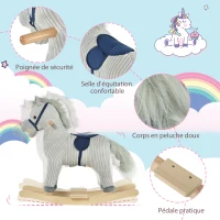 HOMCOM Cheval à bascule pour enfant, jouet à bascule en peluche, à effets sonores, avec poignées, pédale, gris et blanc(m-4)