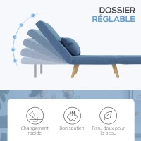 HOMCOM Fauteuil chauffeuse convertible 3 en 1 lit fauteuil lit 1 place dossier 5 positions en tissu avec coussin, bleu(m-5)