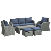 Outsunny Six-piece Outdoor Rattan Dining Set, Outdoor Sofa Set with Reclining Armchairs and Mental Frame, Blue