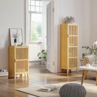 HOMCOM Bamboo Storage Cabinet with Shelves and Slatted Door Design for Bathroom Bedroom Living Room 40 x 30 x 140 cm(m-9)