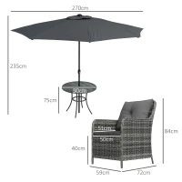 Outsunny 4 Seater Rattan Dining Set with Parasol & Cushions - Mixed Grey(m-3)