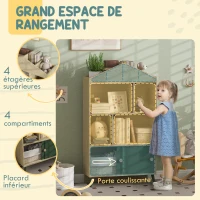 AIYAPLAY Bibliothèque et meuble de rangement jouets pour enfants, 4 étagères et placard porte coulissante, design, vert(m-4)