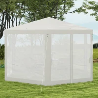 Outsunny Gartenpavillon, 6-eckig, Netzvorhänge, Metallgestell, 3,94x3,412x2,5m, Creme(m-7)