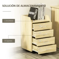 Vinsetto Cajonera de Oficina Mueble Auxiliar para Archivos con 4 Cajones Encimera Superior de Almacenaje 4 Ruedas y 2 Frenos para Estudio Despacho 40x36x65 cm Natural(m-4)