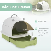 PawHut Caixa de Areia para Gatos Fechada com Tampa e Bandeja Amovíveis Filtro de Carvão e Pá 40,5x52x39 cm Branco e Verde(m-6)