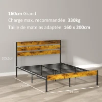 HOMCOM Cadre de lit double en acier avec sommier et tête de lit compatible matelas 160 x 200 cm, style industriel(m-3)
