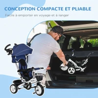 HOMCOM Tricycle 6 en 1 pour enfants, poignée de poussée, siège réversible, panier, auvent, ceinture de sécurité, 1-5 ans, bleu(m-5)