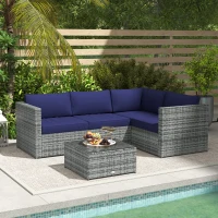 Outsunny 3 Pieces PE Rattan Garden Furniture Set with 10 cm Thick Cushions, 4 Seater Garden Corner Sofa Set with Glass Top Coffee Table, Outdoor Furniture for Patio, Porch, Blue(m-7)