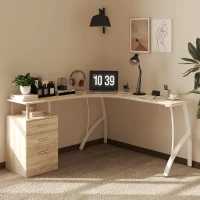HOMCOM L-Shaped Computer Desk Table with Storage Drawer, Home Office Desk Corner Industrial Style Workstation for A4 Files 143.5 x 143.5 x 76cm, Oak(m-2)