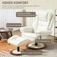 HOMCOM Relaxsessel mit Hocker, Liegefunktion, Drehbarer TV-Sessel mit Holzsockel, bis 150 kg belastbar, Kunstleder, Cremeweiß(m-6)