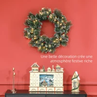HOMCOM Couronne de Noël porte artificielle 60 CM avec pommes de pin et grappes de baies, lumières LED et minuterie vert(m-4)