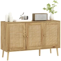 HOMCOM Buffet Wohnzimmerschrank Stauraum mit Rattantüren und verstellbarem Regal, Naturholzoptik(m-6)