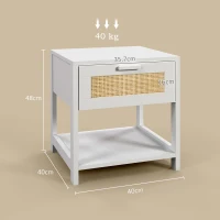 HOMCOM Table de chevet table de nuit avec tiroir et étagère, cannage en rotin, dim. 40L x 40l x 48H cm blanc(m-3)