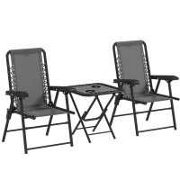 Outsunny Conjunto de Mesa e Cadeiras de Jardim Móveis de Exterior Dobrável com Estrutura de Aço e Suporte para Copos Cinza Escuro(m-1)
