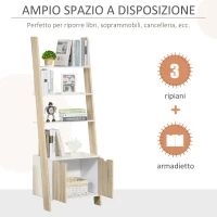 HOMCOM Libreria a Scala con 3 Mensole e Armadietto, Libreria a Scala Stile Nordico in Legno, 60x40x171cm, Rovere e Bianco(m-4)
