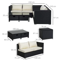 Outsunny 4 Pieces Rattan Garden Furniture Set, 4 Seater Corner Sofa Set with Storage Box, 2 Drawers Coffee Table, Loveseats with Cushions, Wicker Garden Conservatory Furniture for Balcony, Black(m-3)