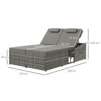 Outsunny 2 Seater Rattan Day Bed w/ Fire Retardant Cushions Grey(m-3)