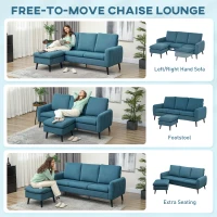 HOMCOM 3 Seater Sofa with Ottoman, 196cm Corduroy L-shaped Sofa Couch with Scatter Back, Reversible Chaise Lounge for Living Room, Home Office, Small Spaces, Blue(m-4)