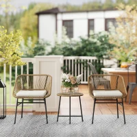 Outsunny 3 Pieces Rattan Bistro Set, Wicker Small Garden Table and Chairs Set with Cushions and Glass Top Coffee Table, Bistro Garden Furniture Set for Outdoor, Patio, Balcony, Natural(m-10)