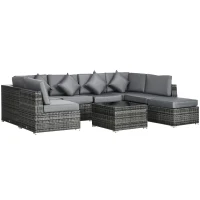 Outsunny 8 Pieces PE Rattan Corner Sofa Set, Outdoor Garden Furniture Set, Patio Wicker Sofa Seater w/ Cushion, Washable Cushion Cover & Tempered Glass Table, Grey(m-1)