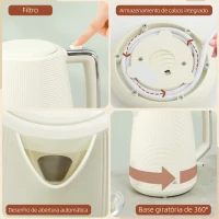 HOMCOM Conjunto de Torradeira e Jarro de Água Elétrico de Aço Inoxidável 2200W 1,7L Torradeira de Pão 2 Fatias 3 Funções Creme(m-9)
