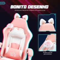 HOMCOM Cadeira Gaming com Orelhas Cadeira Gamer Reclinável com Altura Ajustável e Suporte Lombar 65x62x116-124 cm Rosa e Branco(m-4)