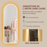 HOMCOM Grand miroir mural 120 x 40 cm avec éclairage LED miroir arqué, intensité variable et 3 couleurs d'éclairage transparent(m-7)