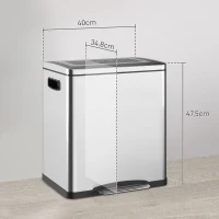 HOMCOM Küchenmülleimer 2 Fächer mit 2 x 15L, mit Pedal, aus Edelstahl, leiser Schließdeckel(m-3)